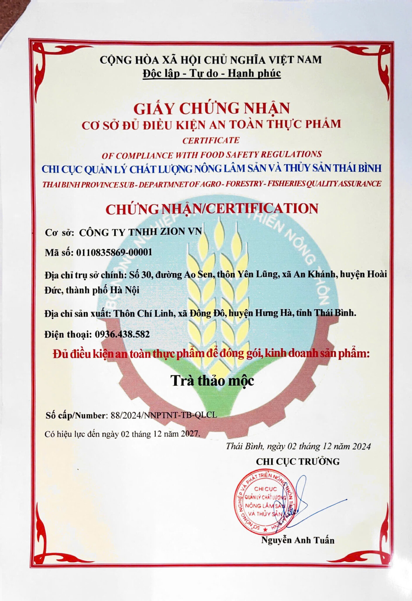 Giấy chứng nhận an toàn thực phẩm